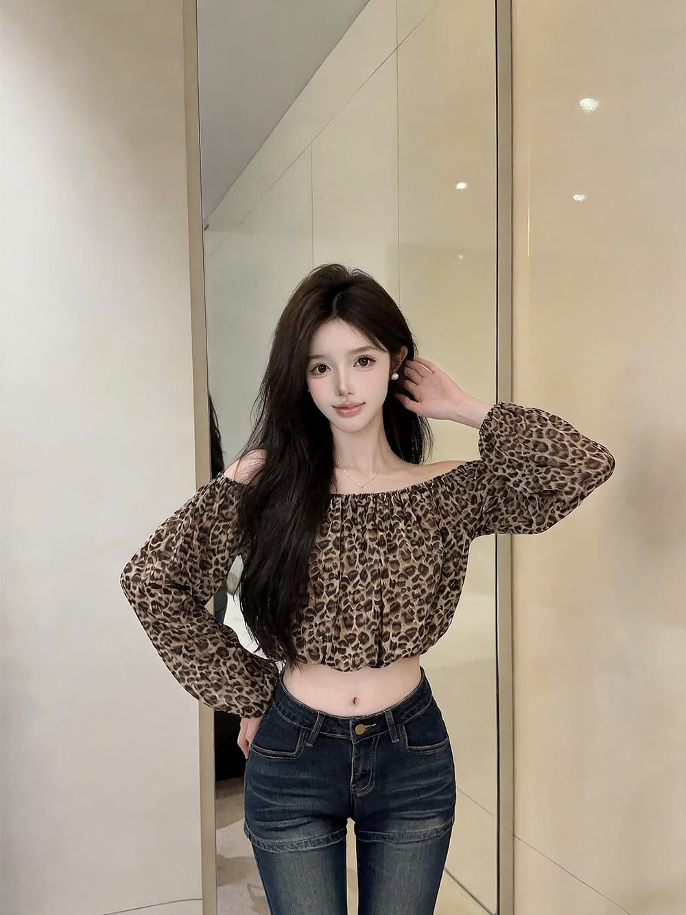 있음 보호 이른 가을 새로운 프랑스식 섹시함 품격 오프숄더 긴팔 맨위 여성 쇼트 스타일 쉬폰 작은 셔츠 상세 이미지 8