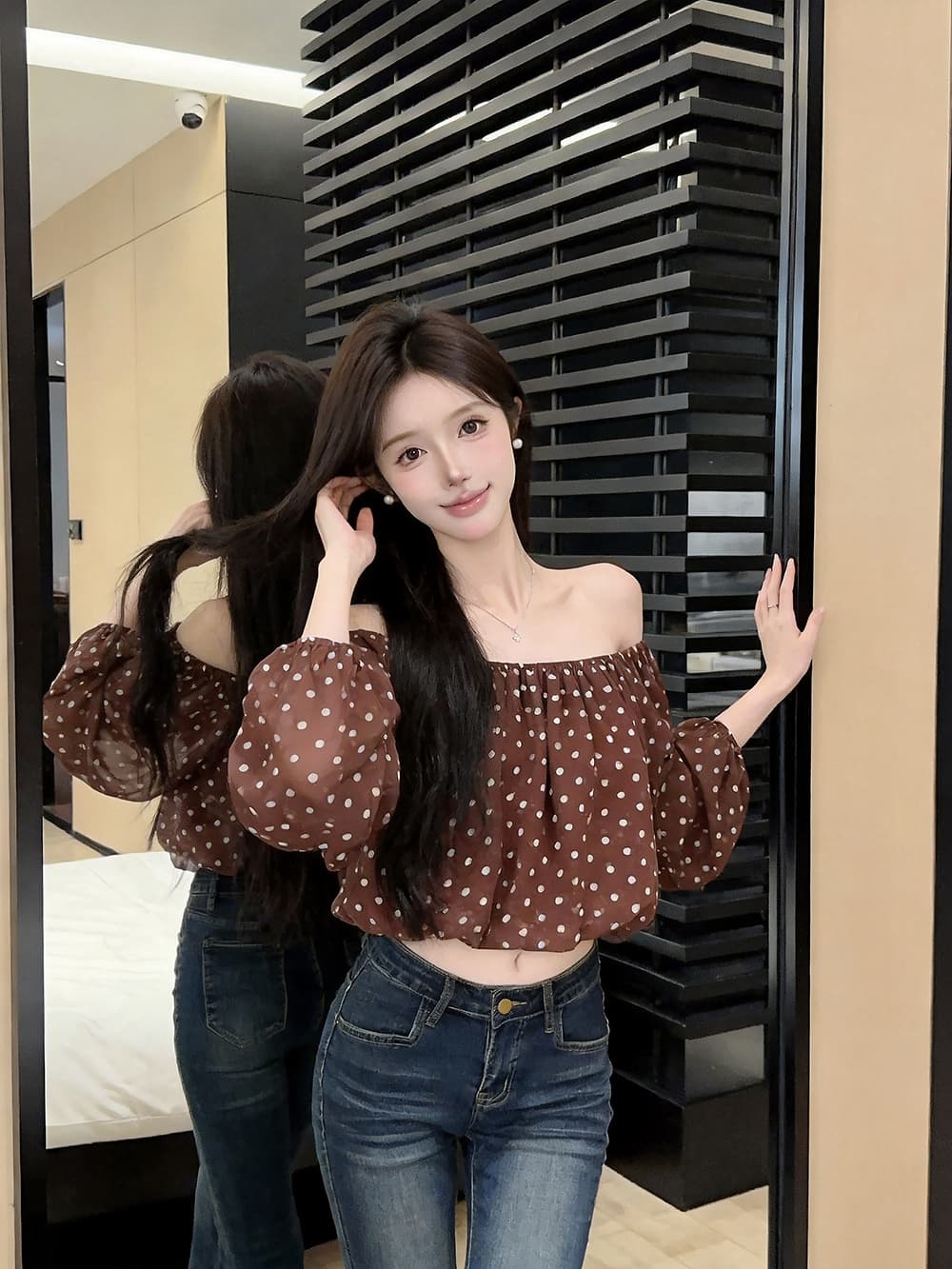 있음 보호 이른 가을 새로운 프랑스식 섹시함 품격 오프숄더 긴팔 맨위 여성 쇼트 스타일 쉬폰 작은 셔츠 상세 이미지 13