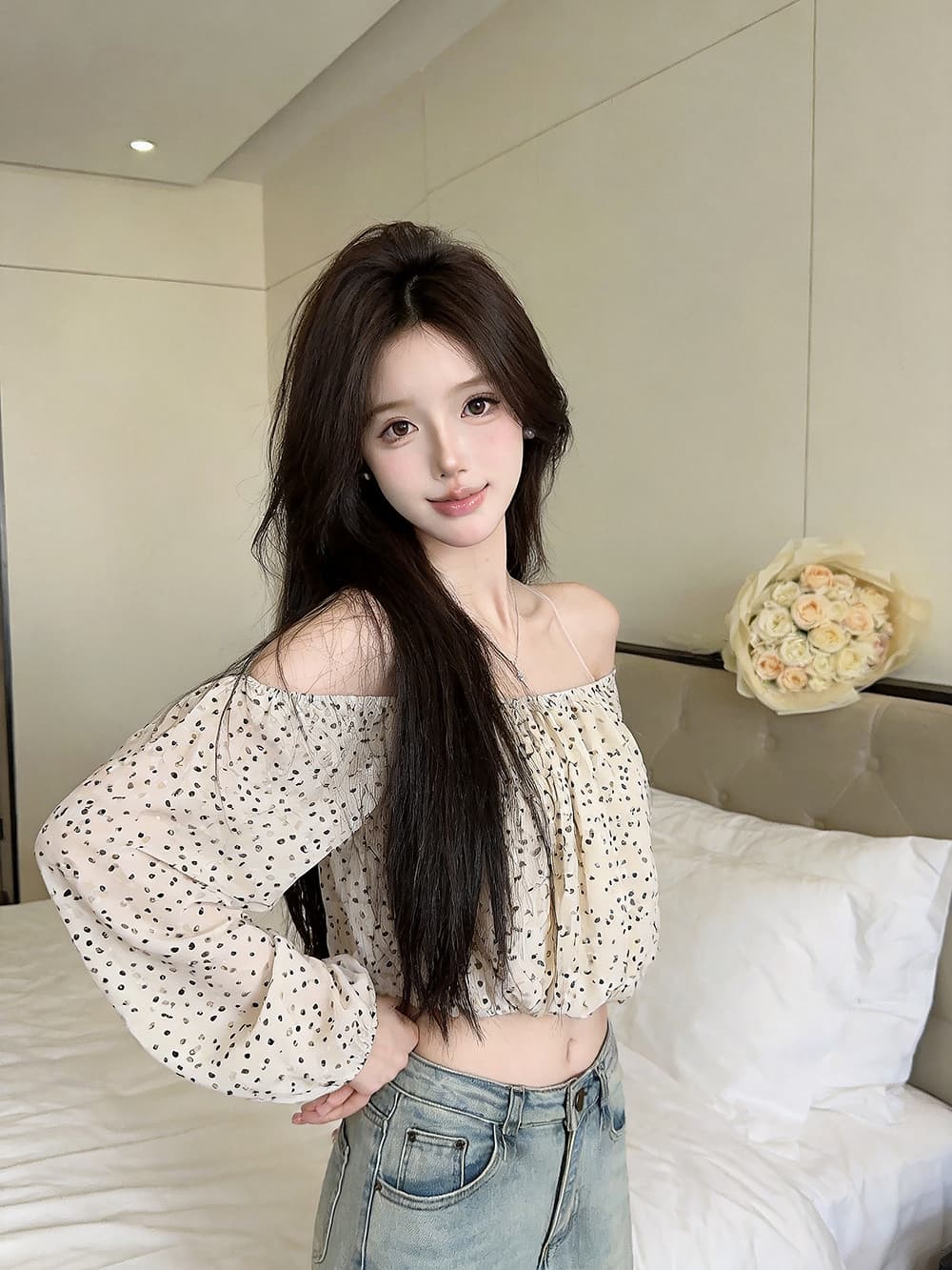 있음 보호 이른 가을 새로운 프랑스식 섹시함 품격 오프숄더 긴팔 맨위 여성 쇼트 스타일 쉬폰 작은 셔츠 상세 이미지 16