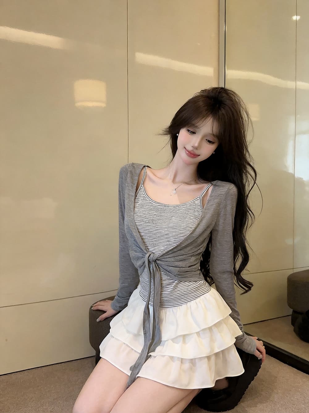 있음 보호 이른 가을 새로운 한 부서 스트라이프 슬립 레이스업 매듭이 달린 긴팔 자외선 차단 오픈 가디건 투피스 세트 여성 셔츠 이미지 2
