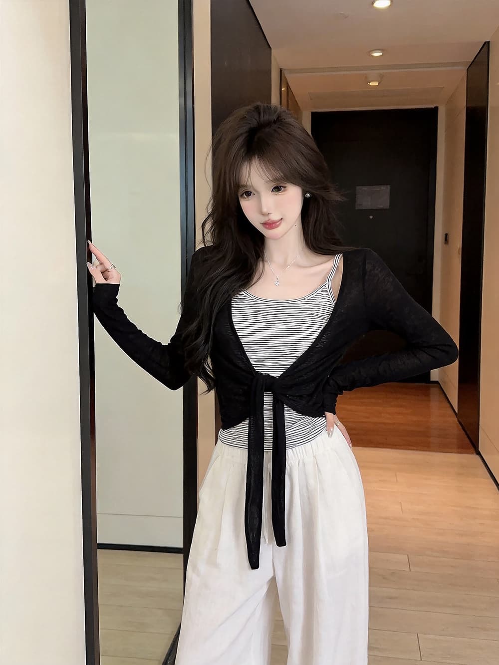 있음 보호 이른 가을 새로운 한 부서 스트라이프 슬립 레이스업 매듭이 달린 긴팔 자외선 차단 오픈 가디건 투피스 세트 여성 셔츠 이미지 3