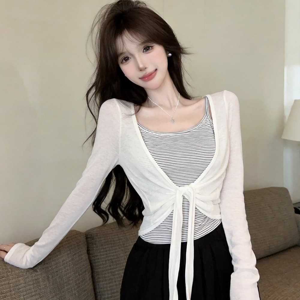 있음 보호 이른 가을 새로운 한 부서 스트라이프 슬립 레이스업 매듭이 달린 긴팔 자외선 차단 오픈 가디건 투피스 세트 여성 셔츠 이미지 5