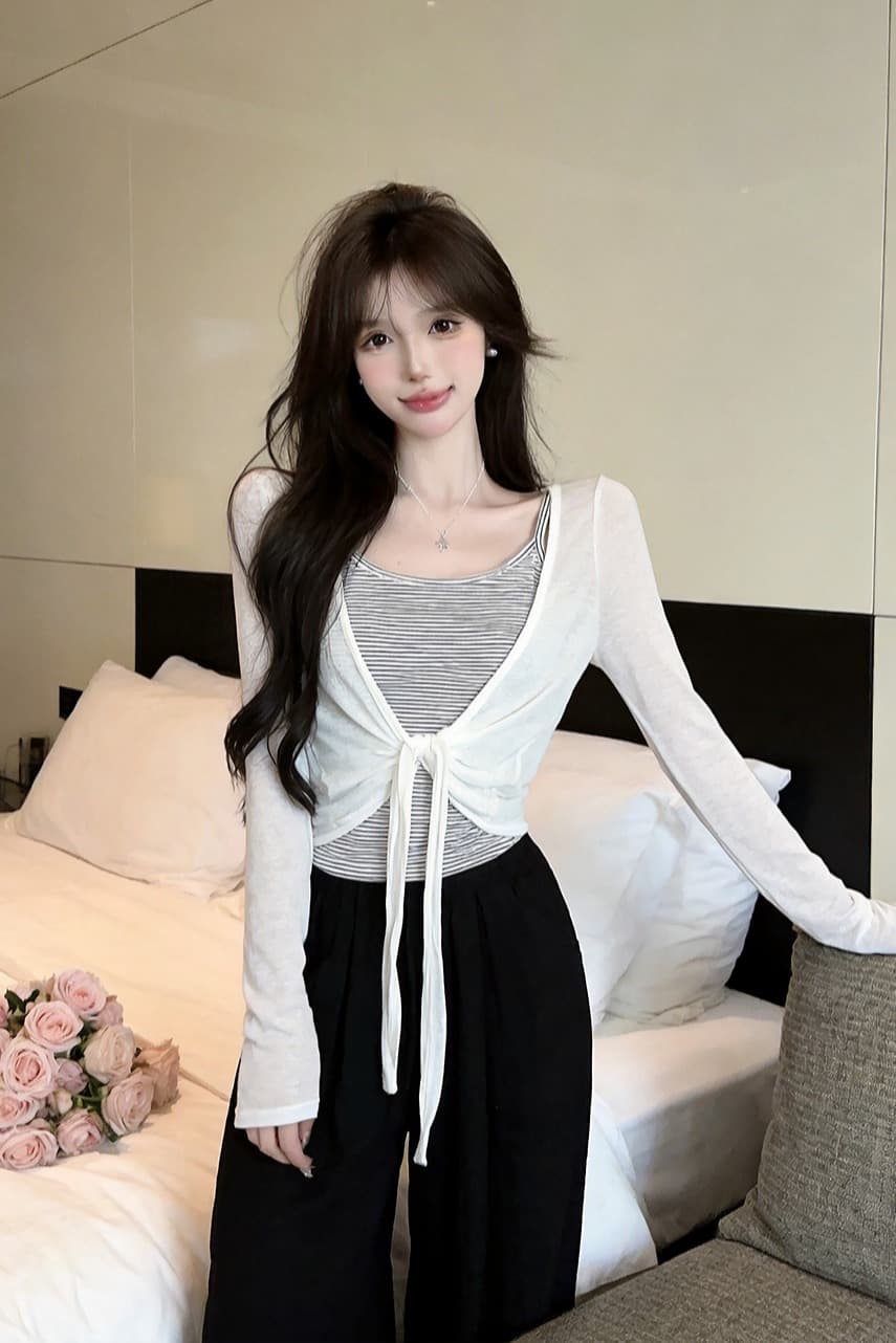 있음 보호 이른 가을 새로운 한 부서 스트라이프 슬립 레이스업 매듭이 달린 긴팔 자외선 차단 오픈 가디건 투피스 세트 여성 셔츠 이미지 6