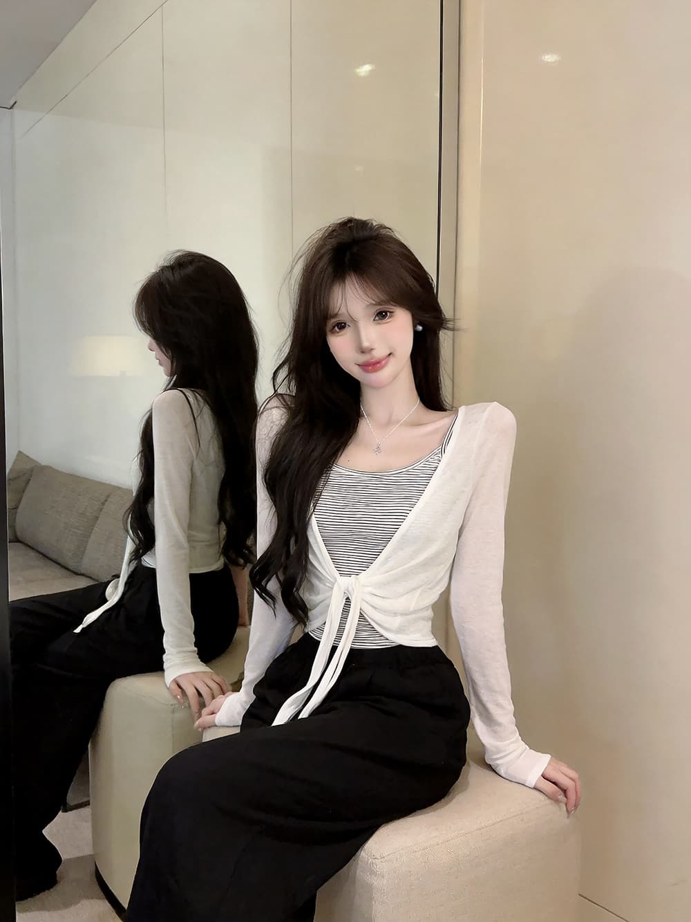있음 보호 이른 가을 새로운 한 부서 스트라이프 슬립 레이스업 매듭이 달린 긴팔 자외선 차단 오픈 가디건 투피스 세트 여성 셔츠 상세 이미지 1