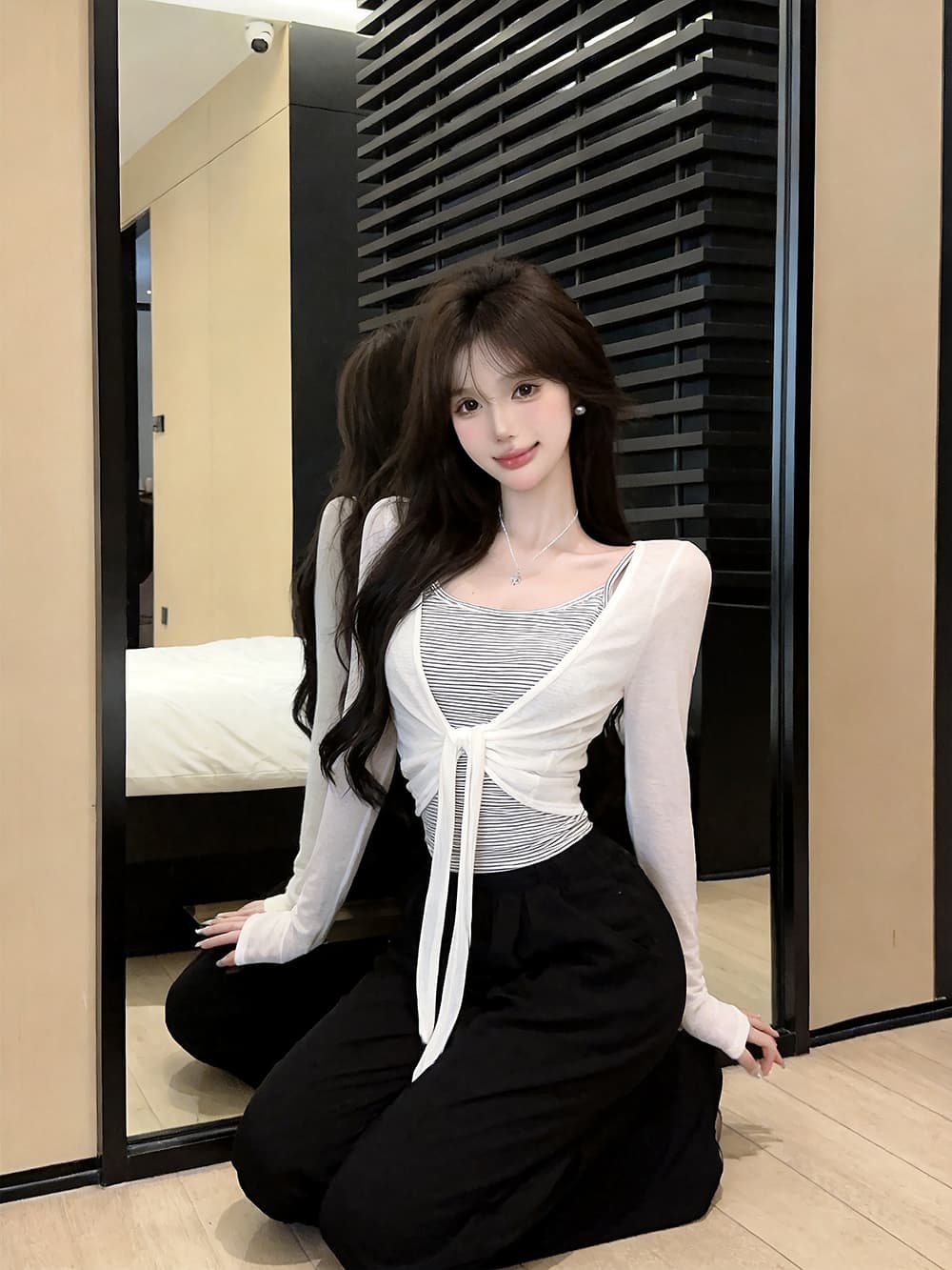 있음 보호 이른 가을 새로운 한 부서 스트라이프 슬립 레이스업 매듭이 달린 긴팔 자외선 차단 오픈 가디건 투피스 세트 여성 셔츠 상세 이미지 2