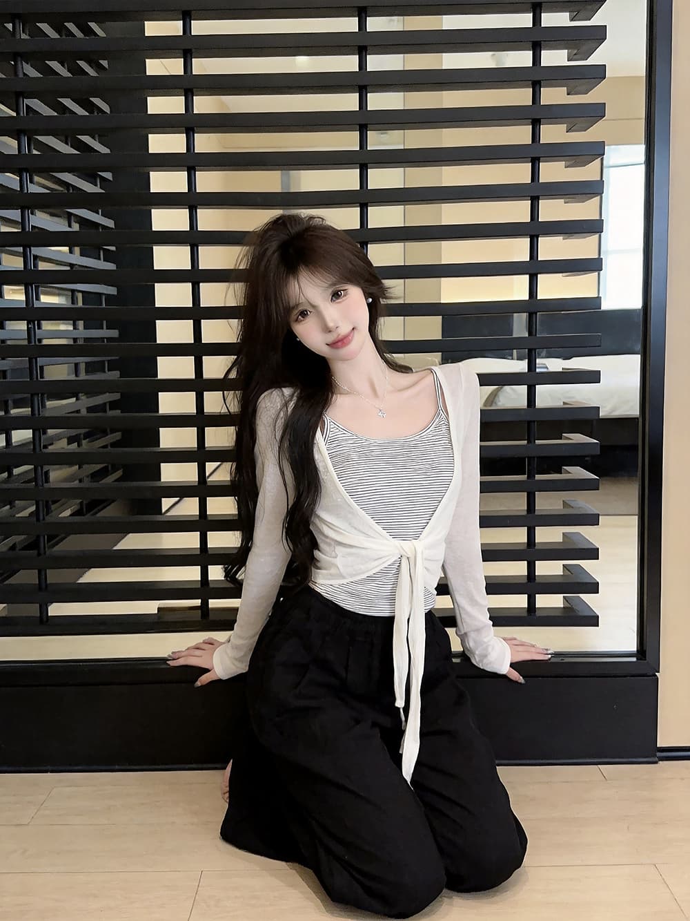 있음 보호 이른 가을 새로운 한 부서 스트라이프 슬립 레이스업 매듭이 달린 긴팔 자외선 차단 오픈 가디건 투피스 세트 여성 셔츠 상세 이미지 5