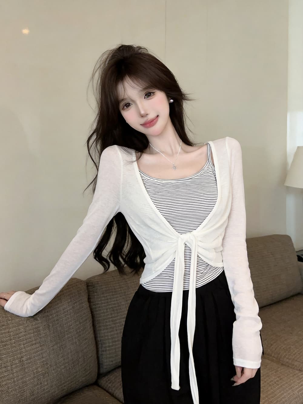 있음 보호 이른 가을 새로운 한 부서 스트라이프 슬립 레이스업 매듭이 달린 긴팔 자외선 차단 오픈 가디건 투피스 세트 여성 셔츠 상세 이미지 6