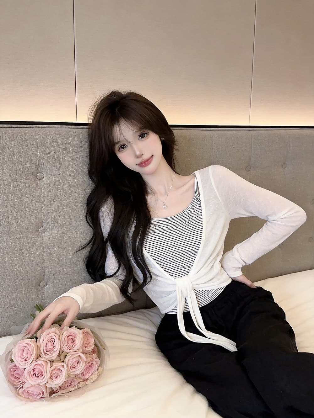 있음 보호 이른 가을 새로운 한 부서 스트라이프 슬립 레이스업 매듭이 달린 긴팔 자외선 차단 오픈 가디건 투피스 세트 여성 셔츠 상세 이미지 7