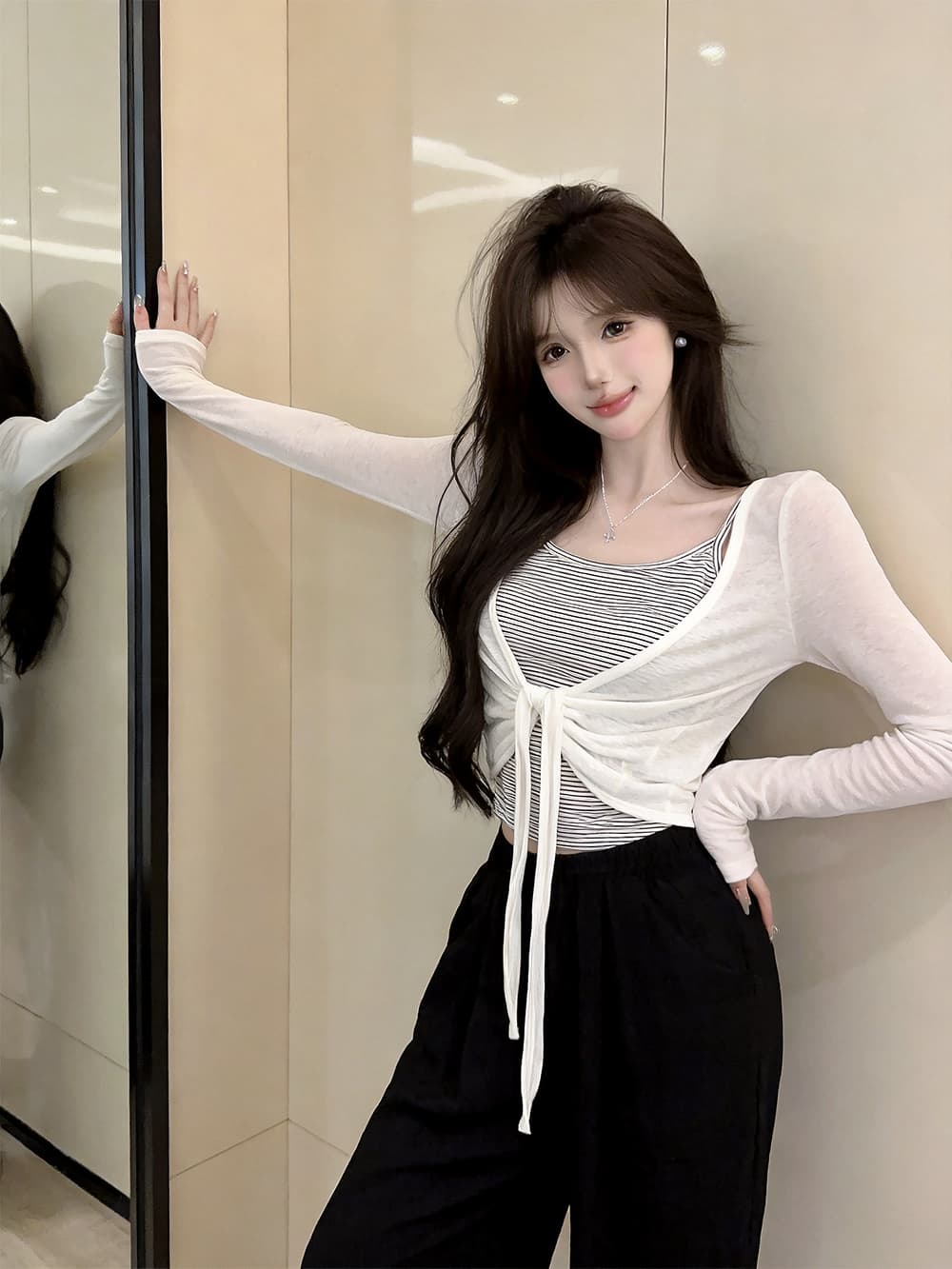 있음 보호 이른 가을 새로운 한 부서 스트라이프 슬립 레이스업 매듭이 달린 긴팔 자외선 차단 오픈 가디건 투피스 세트 여성 셔츠 상세 이미지 8