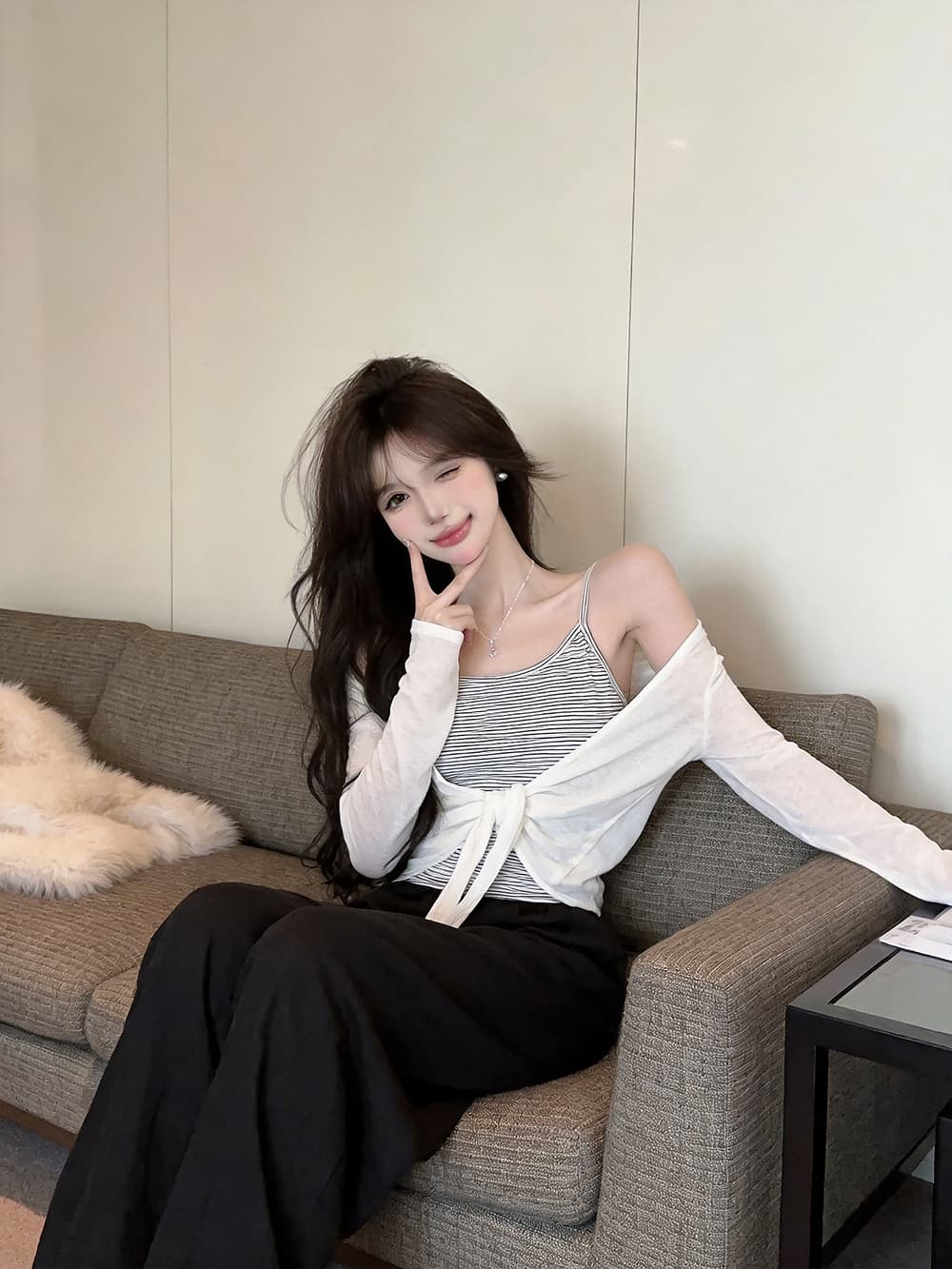 있음 보호 이른 가을 새로운 한 부서 스트라이프 슬립 레이스업 매듭이 달린 긴팔 자외선 차단 오픈 가디건 투피스 세트 여성 셔츠 상세 이미지 9