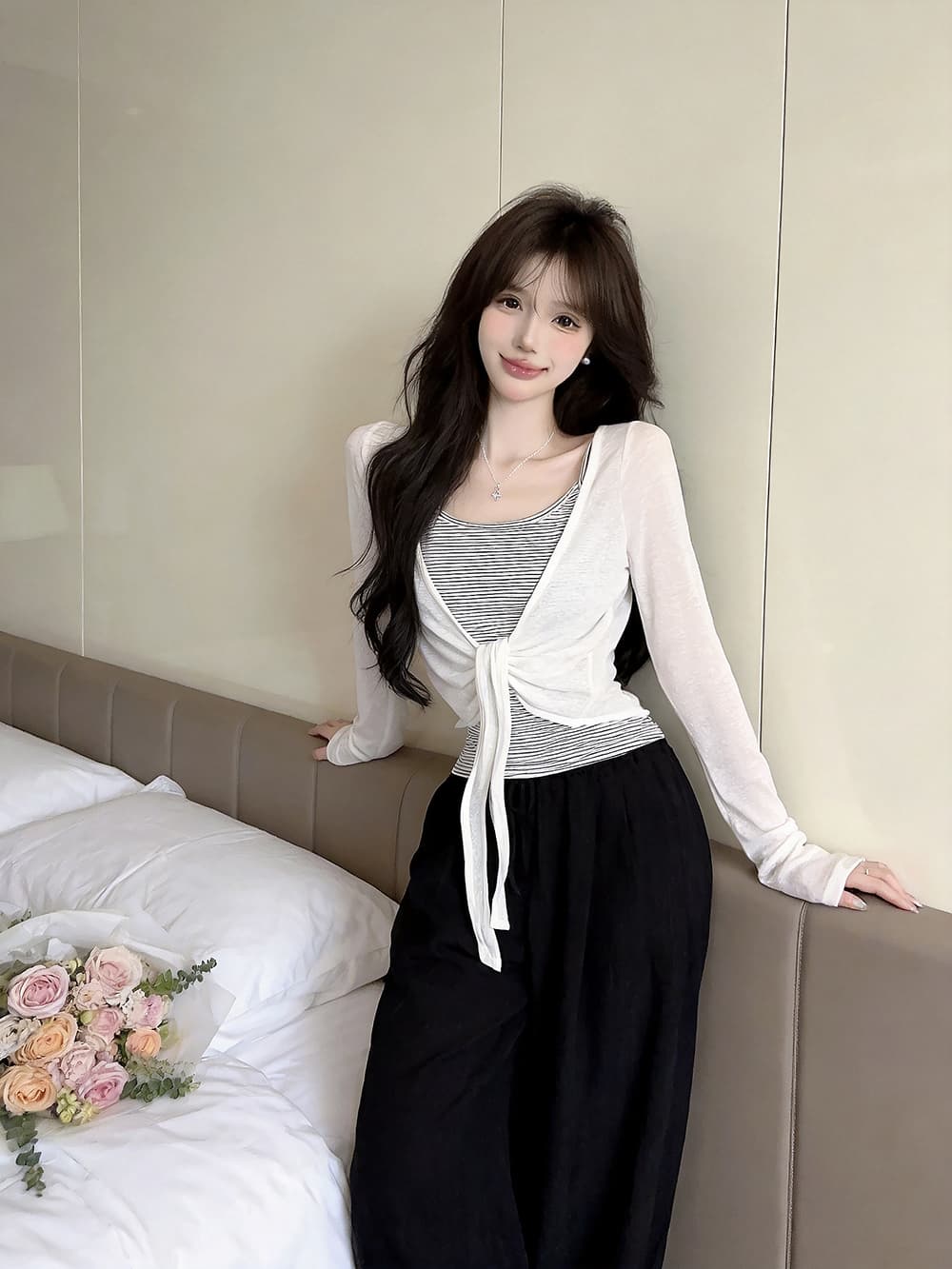 있음 보호 이른 가을 새로운 한 부서 스트라이프 슬립 레이스업 매듭이 달린 긴팔 자외선 차단 오픈 가디건 투피스 세트 여성 셔츠 상세 이미지 10