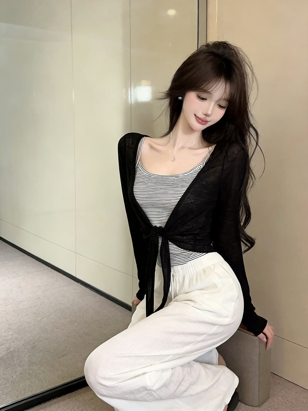있음 보호 이른 가을 새로운 한 부서 스트라이프 슬립 레이스업 매듭이 달린 긴팔 자외선 차단 오픈 가디건 투피스 세트 여성 셔츠 상세 이미지 11