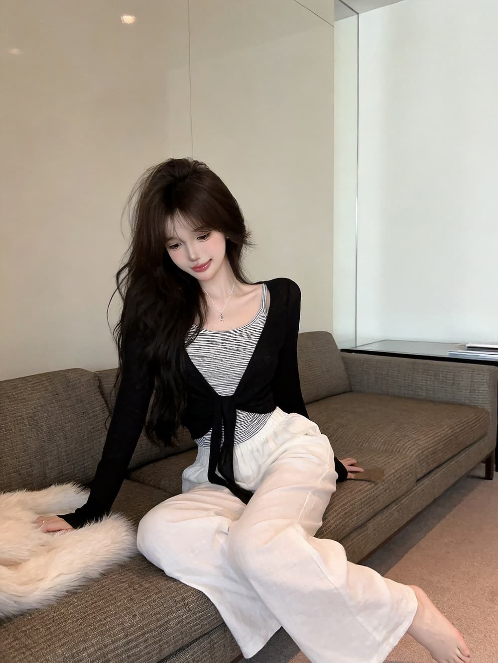 있음 보호 이른 가을 새로운 한 부서 스트라이프 슬립 레이스업 매듭이 달린 긴팔 자외선 차단 오픈 가디건 투피스 세트 여성 셔츠 상세 이미지 12