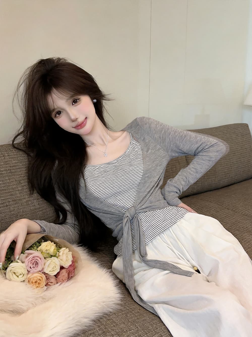 있음 보호 이른 가을 새로운 한 부서 스트라이프 슬립 레이스업 매듭이 달린 긴팔 자외선 차단 오픈 가디건 투피스 세트 여성 셔츠 상세 이미지 14