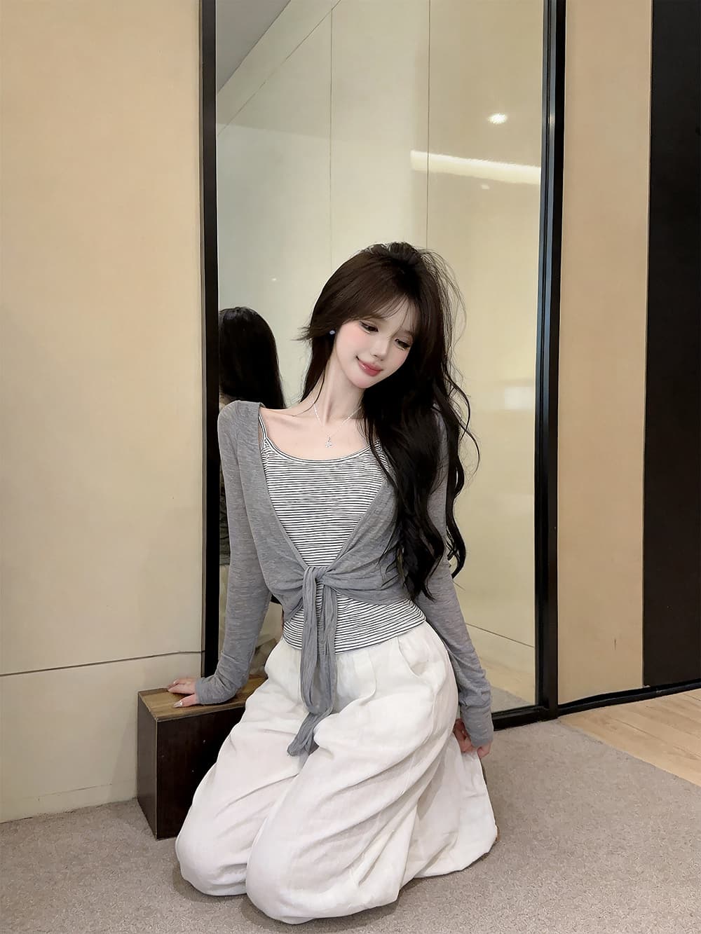 있음 보호 이른 가을 새로운 한 부서 스트라이프 슬립 레이스업 매듭이 달린 긴팔 자외선 차단 오픈 가디건 투피스 세트 여성 셔츠 상세 이미지 16