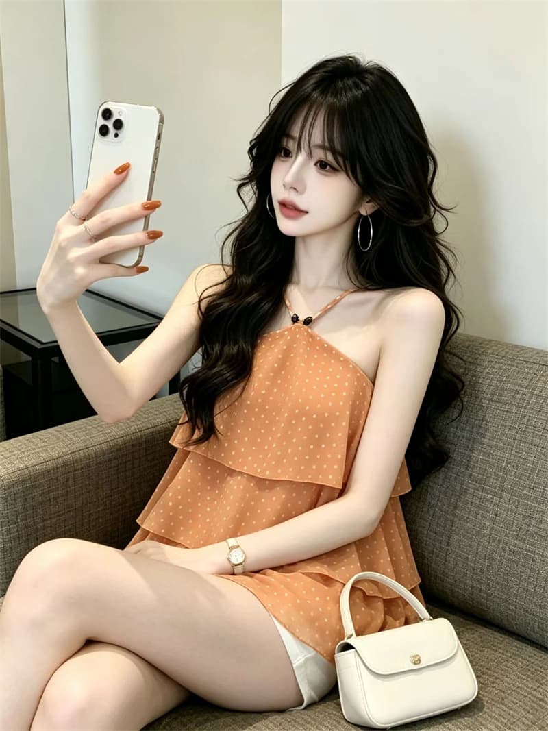 있음 보호 여름 섹션 프랑스식 도트 무늬 쉬폰 행침 목 조끼 여성 계단식 디자인 슬립 작은 셔츠 외출용 맨위 이미지 3