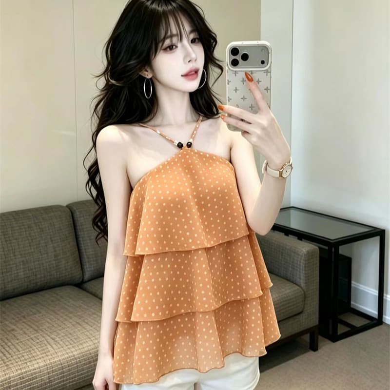 있음 보호 여름 섹션 프랑스식 도트 무늬 쉬폰 행침 목 조끼 여성 계단식 디자인 슬립 작은 셔츠 외출용 맨위 이미지 5
