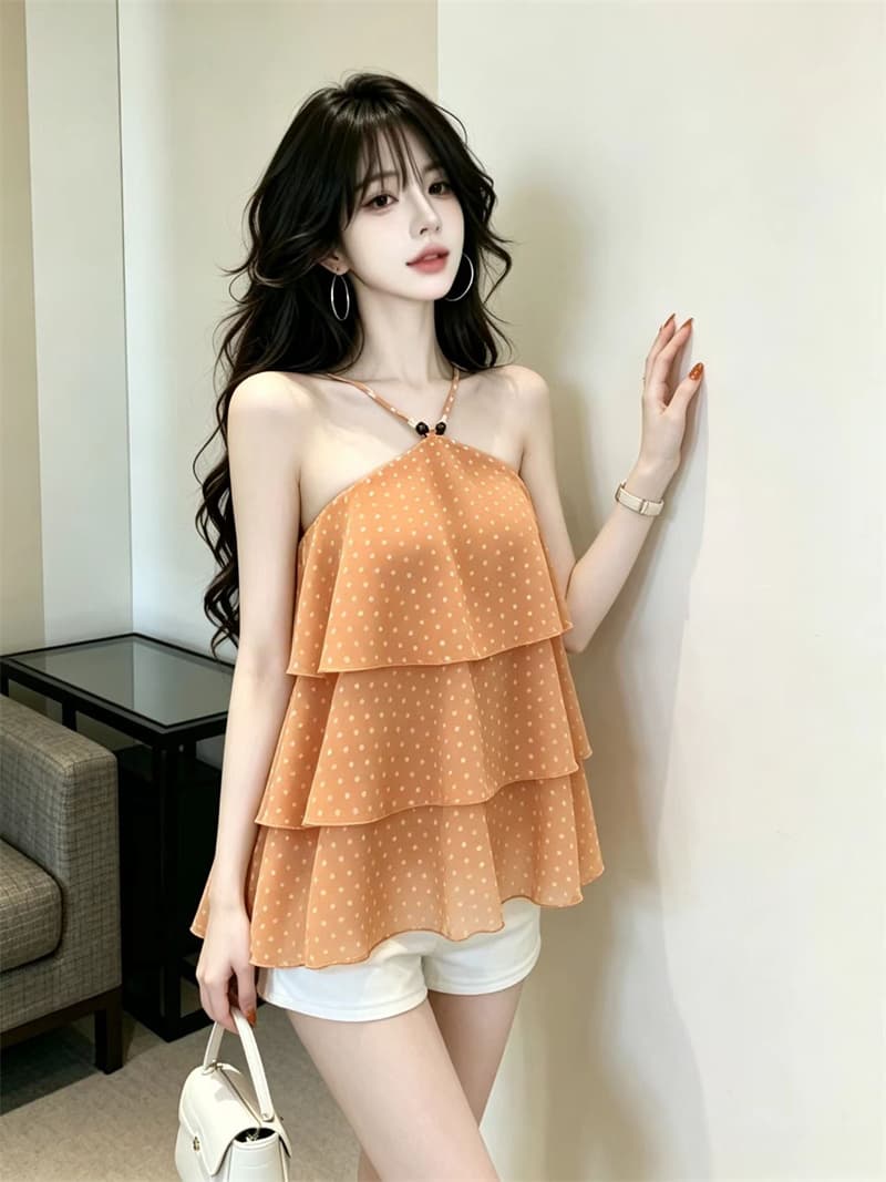 있음 보호 여름 섹션 프랑스식 도트 무늬 쉬폰 행침 목 조끼 여성 계단식 디자인 슬립 작은 셔츠 외출용 맨위 상세 이미지 1