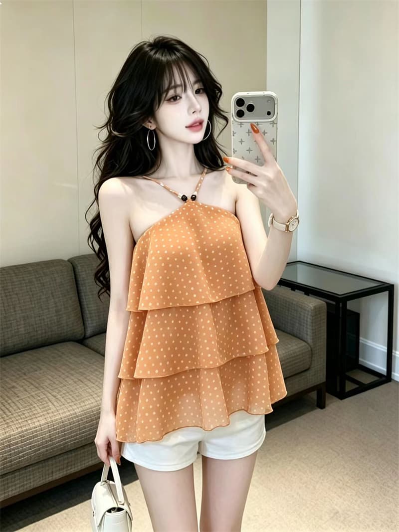 있음 보호 여름 섹션 프랑스식 도트 무늬 쉬폰 행침 목 조끼 여성 계단식 디자인 슬립 작은 셔츠 외출용 맨위 상세 이미지 2