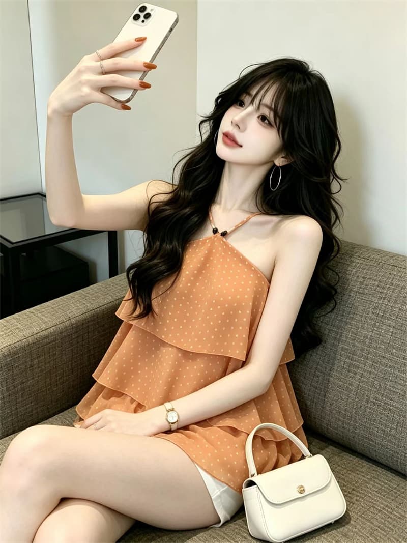 있음 보호 여름 섹션 프랑스식 도트 무늬 쉬폰 행침 목 조끼 여성 계단식 디자인 슬립 작은 셔츠 외출용 맨위 상세 이미지 3