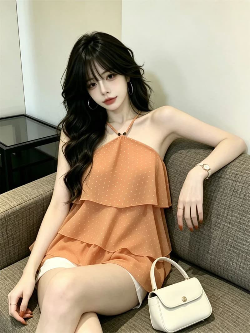 있음 보호 여름 섹션 프랑스식 도트 무늬 쉬폰 행침 목 조끼 여성 계단식 디자인 슬립 작은 셔츠 외출용 맨위 상세 이미지 4