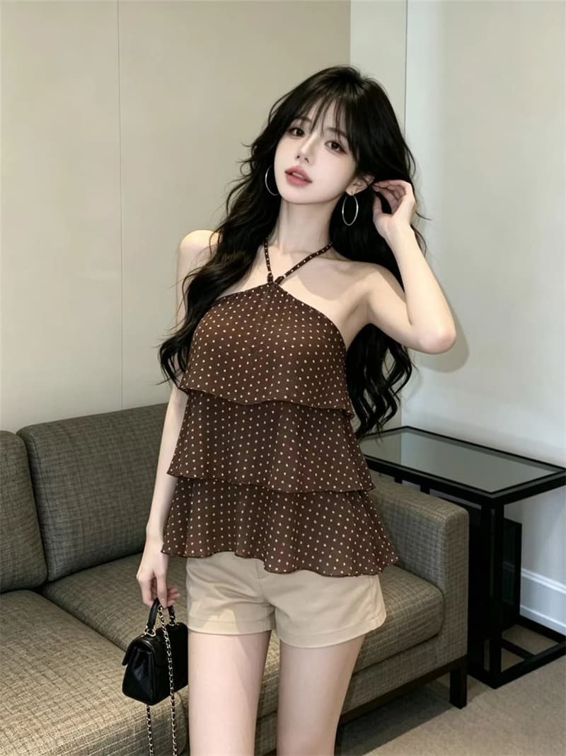 있음 보호 여름 섹션 프랑스식 도트 무늬 쉬폰 행침 목 조끼 여성 계단식 디자인 슬립 작은 셔츠 외출용 맨위 상세 이미지 5