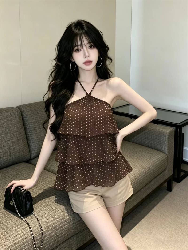 있음 보호 여름 섹션 프랑스식 도트 무늬 쉬폰 행침 목 조끼 여성 계단식 디자인 슬립 작은 셔츠 외출용 맨위 상세 이미지 6