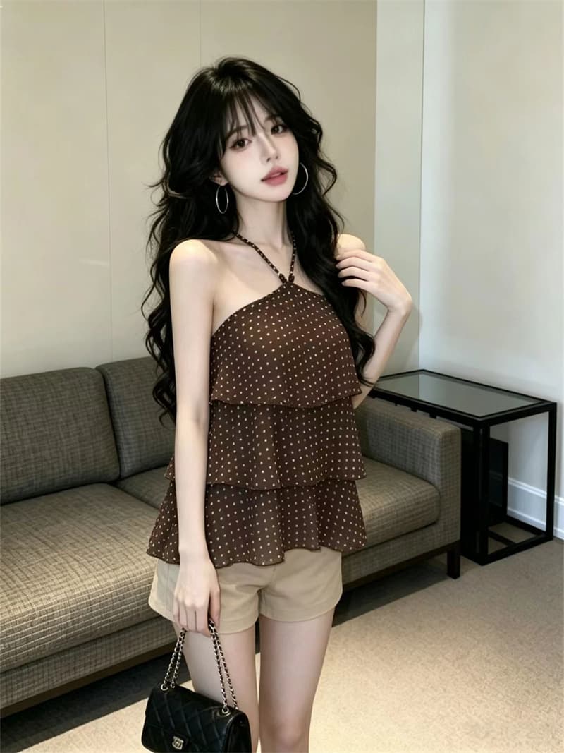 있음 보호 여름 섹션 프랑스식 도트 무늬 쉬폰 행침 목 조끼 여성 계단식 디자인 슬립 작은 셔츠 외출용 맨위 상세 이미지 7