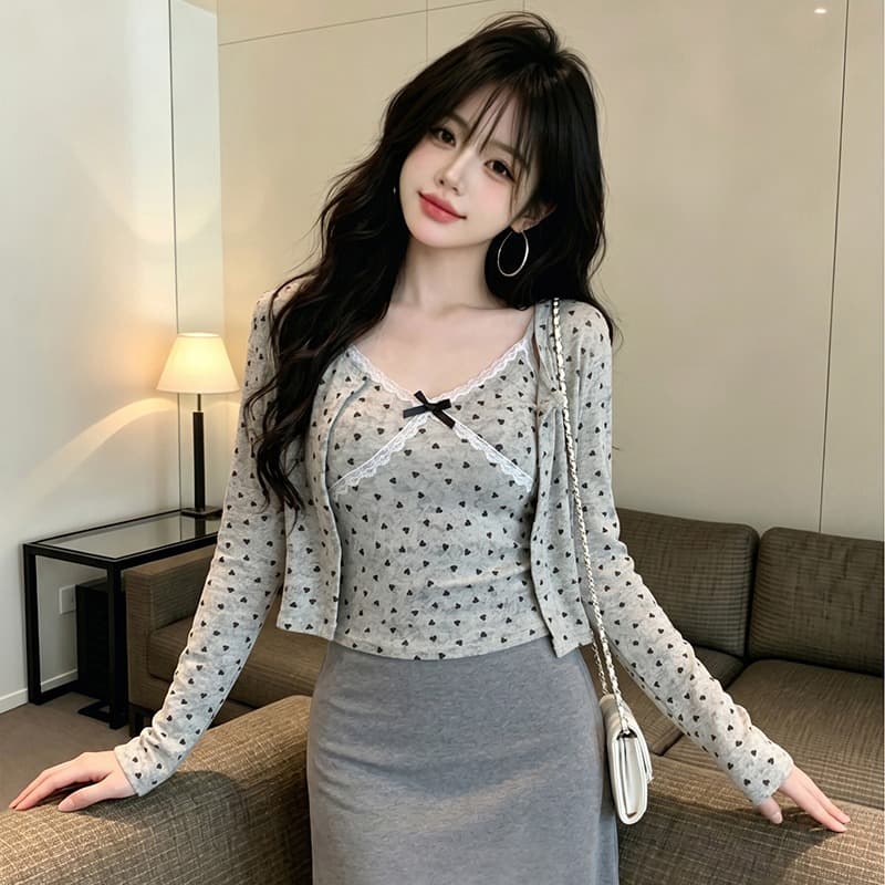 있음 보호 이른 가을 새로운 하트 긴팔 오픈 가디건 여성 레이스 조각 캐미솔 슬림해 보이는 투피스 세트 맨위 이미지 5