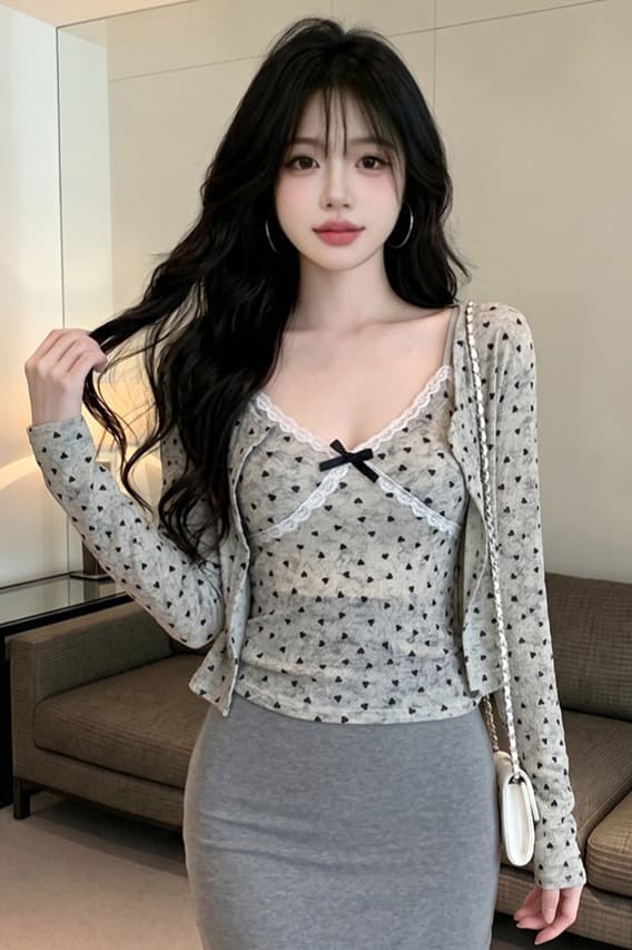 있음 보호 이른 가을 새로운 하트 긴팔 오픈 가디건 여성 레이스 조각 캐미솔 슬림해 보이는 투피스 세트 맨위 이미지 6