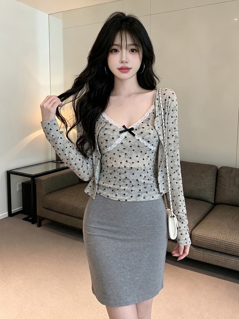 있음 보호 이른 가을 새로운 하트 긴팔 오픈 가디건 여성 레이스 조각 캐미솔 슬림해 보이는 투피스 세트 맨위 상세 이미지 1