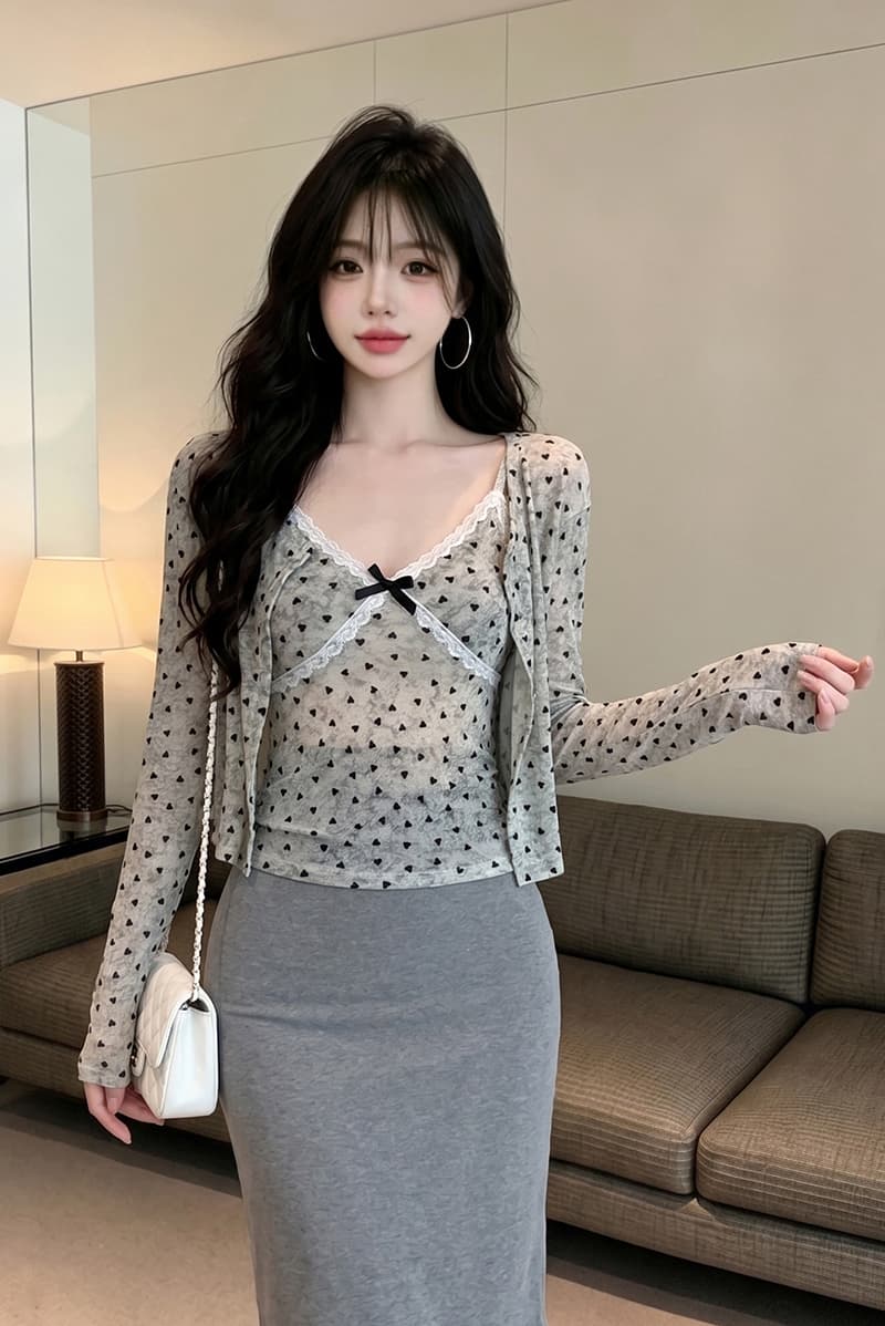 있음 보호 이른 가을 새로운 하트 긴팔 오픈 가디건 여성 레이스 조각 캐미솔 슬림해 보이는 투피스 세트 맨위 상세 이미지 3