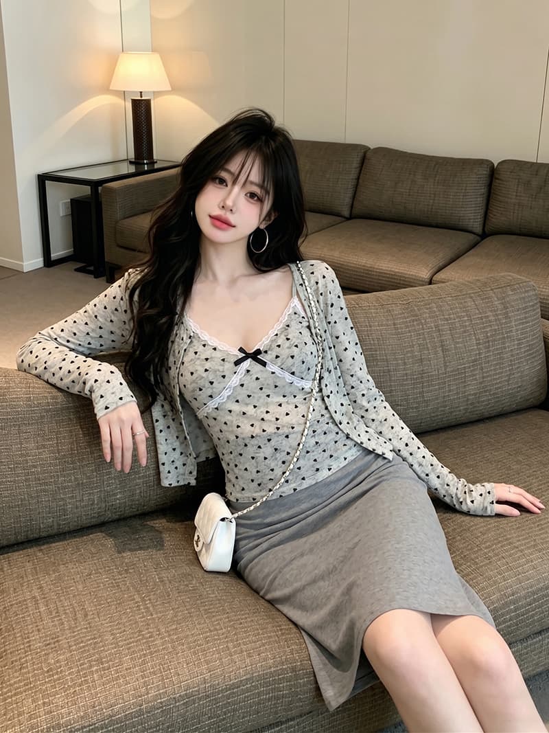 있음 보호 이른 가을 새로운 하트 긴팔 오픈 가디건 여성 레이스 조각 캐미솔 슬림해 보이는 투피스 세트 맨위 상세 이미지 5