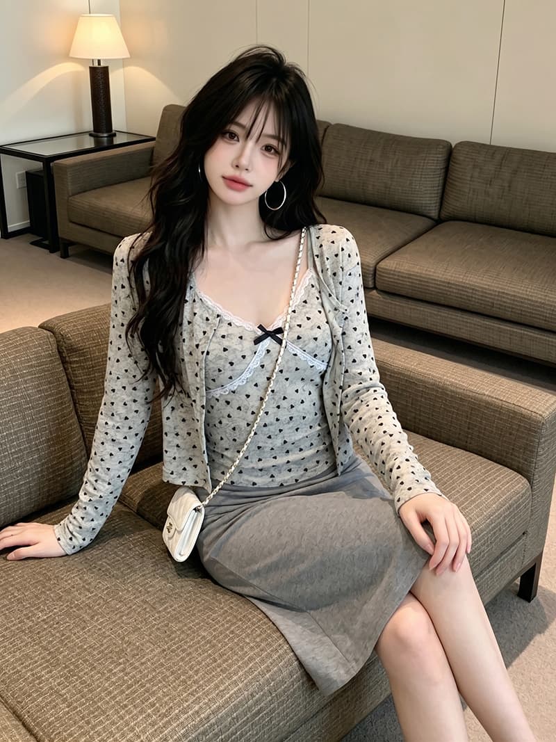있음 보호 이른 가을 새로운 하트 긴팔 오픈 가디건 여성 레이스 조각 캐미솔 슬림해 보이는 투피스 세트 맨위 상세 이미지 6