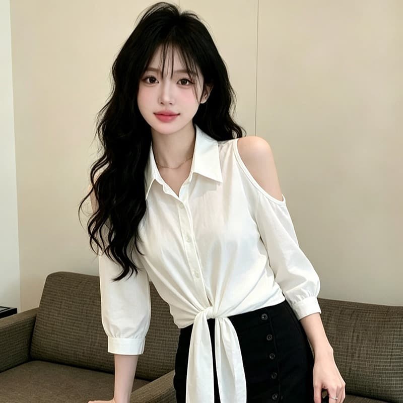 있음 보호 가을 켜기 새로운 한 부서 품격 오프숄더 디자인 출퇴근 슬림해 보이는 스트랩 셔츠 여성 레저 맨위 이미지 5