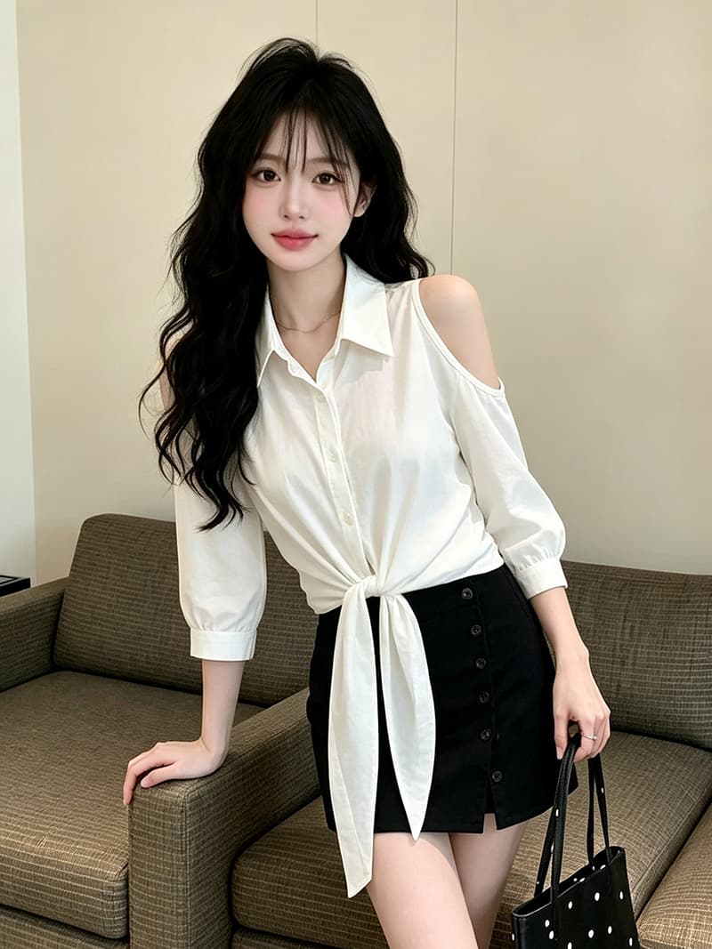 있음 보호 가을 켜기 새로운 한 부서 품격 오프숄더 디자인 출퇴근 슬림해 보이는 스트랩 셔츠 여성 레저 맨위 상세 이미지 3