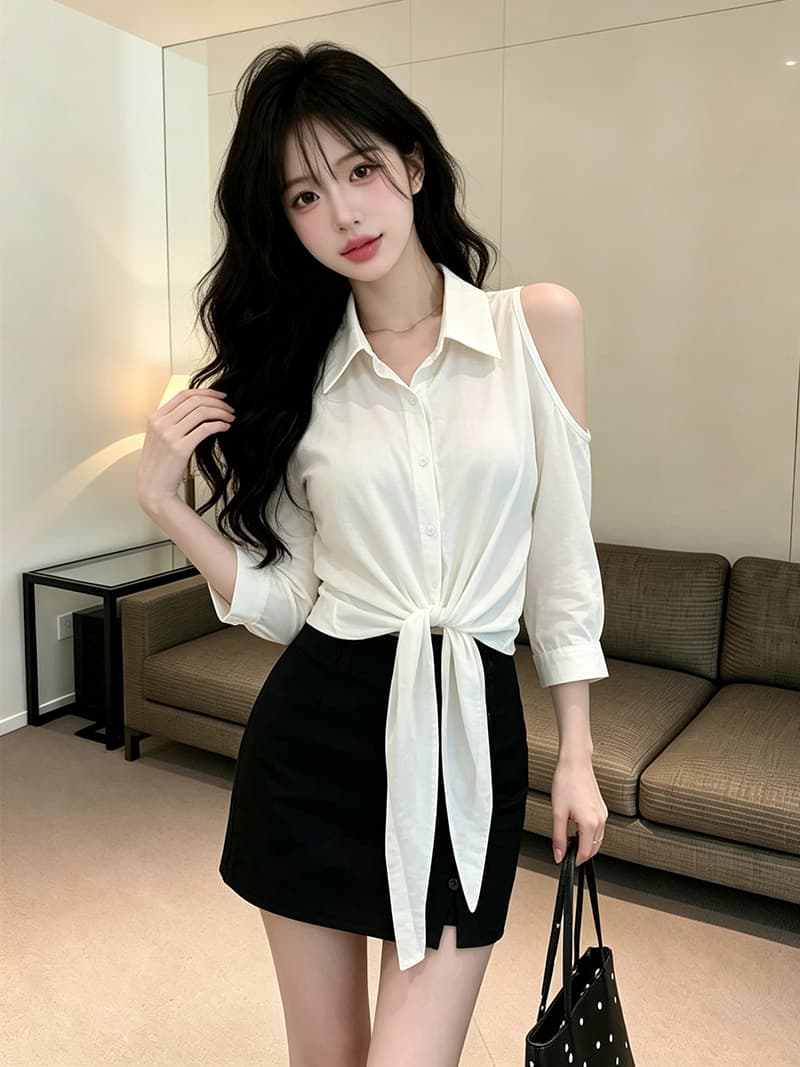 있음 보호 가을 켜기 새로운 한 부서 품격 오프숄더 디자인 출퇴근 슬림해 보이는 스트랩 셔츠 여성 레저 맨위 상세 이미지 4