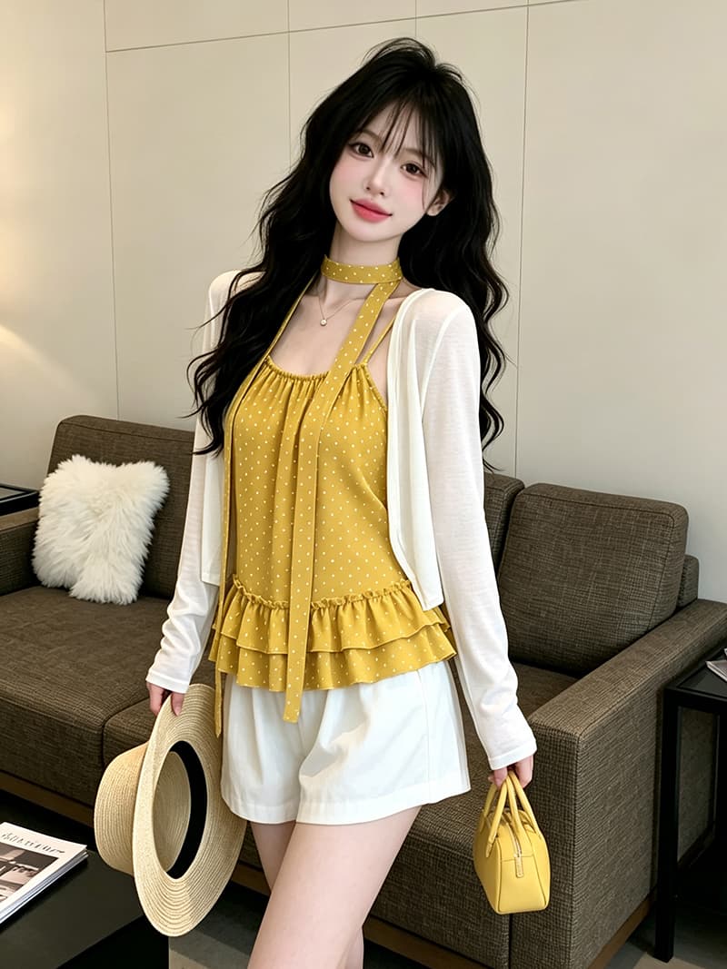 있음 보호 디자인 센스 도트 무늬 슬립 얇은 스타일 자외선 차단 오픈 가디건 한 부서 분위기 스택 착용 두 조각 여성 세트 경기 티켓 벨트