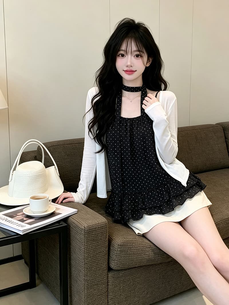 있음 보호 디자인 센스 도트 무늬 슬립 얇은 스타일 자외선 차단 오픈 가디건 한 부서 분위기 스택 착용 두 조각 여성 세트 경기 티켓 벨트 이미지 4