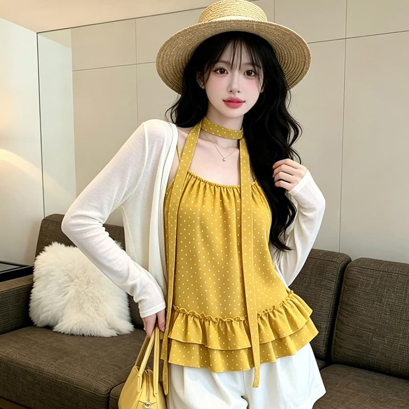 있음 보호 디자인 센스 도트 무늬 슬립 얇은 스타일 자외선 차단 오픈 가디건 한 부서 분위기 스택 착용 두 조각 여성 세트 경기 티켓 벨트 이미지 5