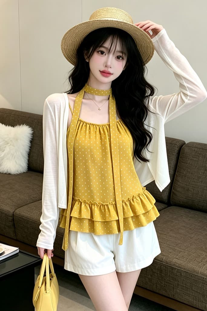 있음 보호 디자인 센스 도트 무늬 슬립 얇은 스타일 자외선 차단 오픈 가디건 한 부서 분위기 스택 착용 두 조각 여성 세트 경기 티켓 벨트 이미지 6