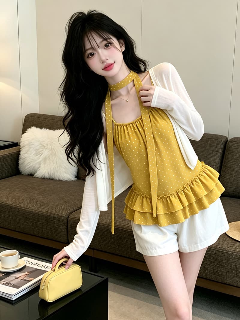 있음 보호 디자인 센스 도트 무늬 슬립 얇은 스타일 자외선 차단 오픈 가디건 한 부서 분위기 스택 착용 두 조각 여성 세트 경기 티켓 벨트 상세 이미지 1