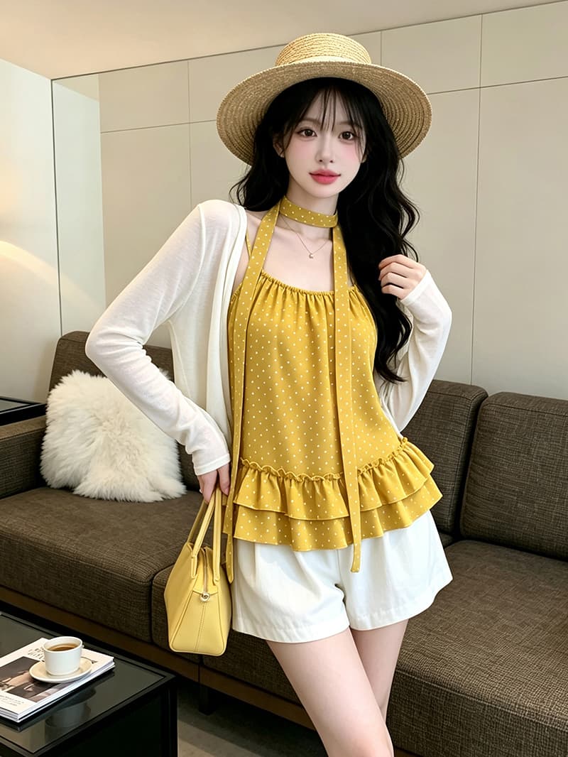 있음 보호 디자인 센스 도트 무늬 슬립 얇은 스타일 자외선 차단 오픈 가디건 한 부서 분위기 스택 착용 두 조각 여성 세트 경기 티켓 벨트 상세 이미지 2