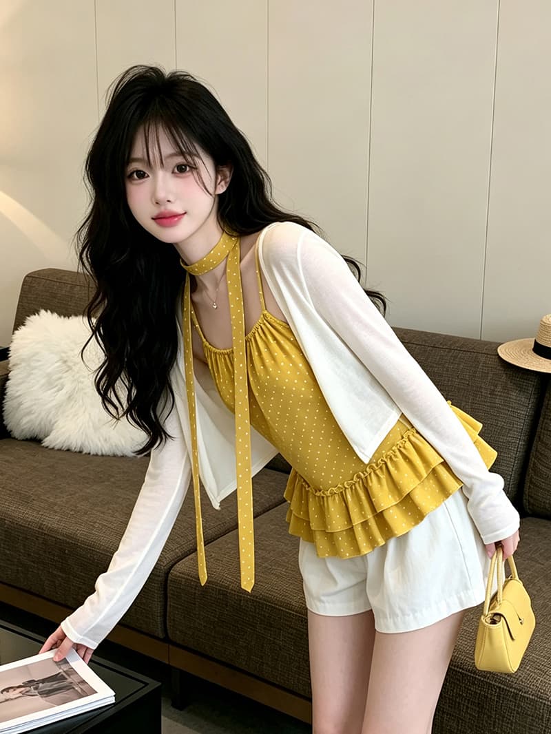있음 보호 디자인 센스 도트 무늬 슬립 얇은 스타일 자외선 차단 오픈 가디건 한 부서 분위기 스택 착용 두 조각 여성 세트 경기 티켓 벨트 상세 이미지 4