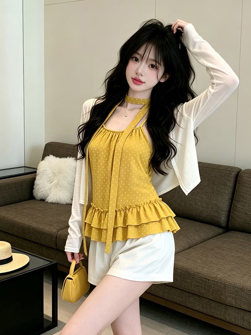 있음 보호 디자인 센스 도트 무늬 슬립 얇은 스타일 자외선 차단 오픈 가디건 한 부서 분위기 스택 착용 두 조각 여성 세트 경기 티켓 벨트 상세 이미지 5