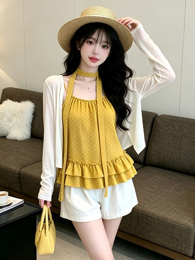 있음 보호 디자인 센스 도트 무늬 슬립 얇은 스타일 자외선 차단 오픈 가디건 한 부서 분위기 스택 착용 두 조각 여성 세트 경기 티켓 벨트 상세 이미지 6