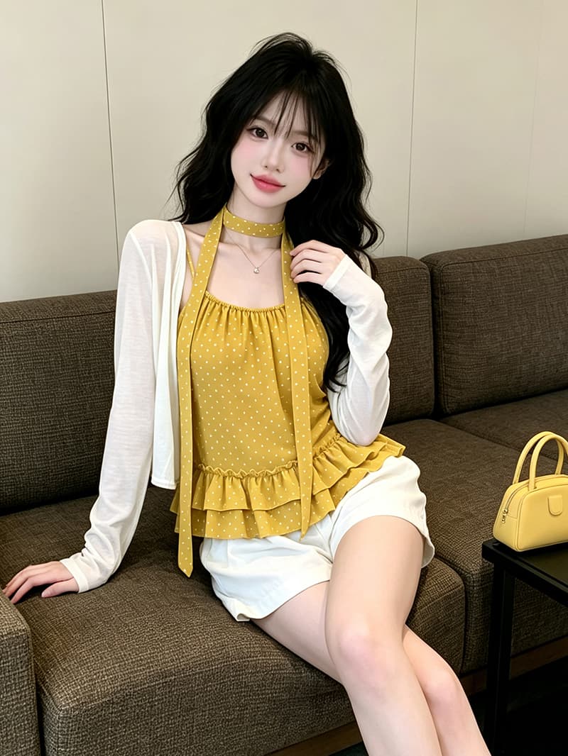 있음 보호 디자인 센스 도트 무늬 슬립 얇은 스타일 자외선 차단 오픈 가디건 한 부서 분위기 스택 착용 두 조각 여성 세트 경기 티켓 벨트 상세 이미지 7