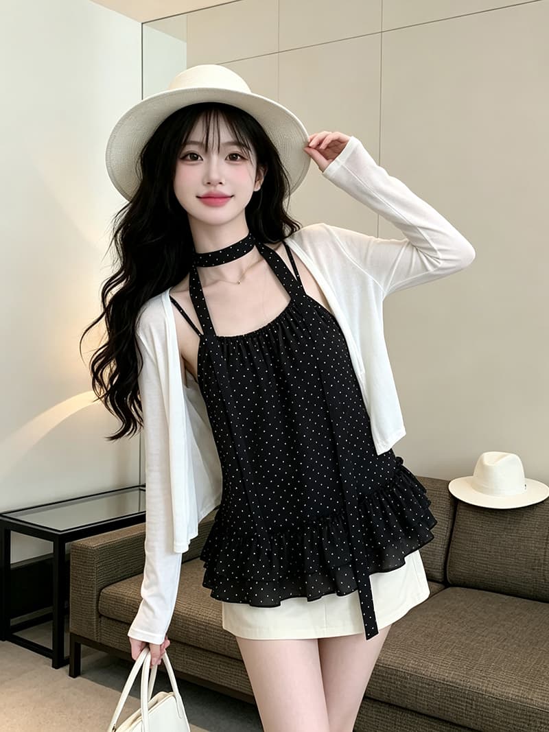 있음 보호 디자인 센스 도트 무늬 슬립 얇은 스타일 자외선 차단 오픈 가디건 한 부서 분위기 스택 착용 두 조각 여성 세트 경기 티켓 벨트 상세 이미지 11