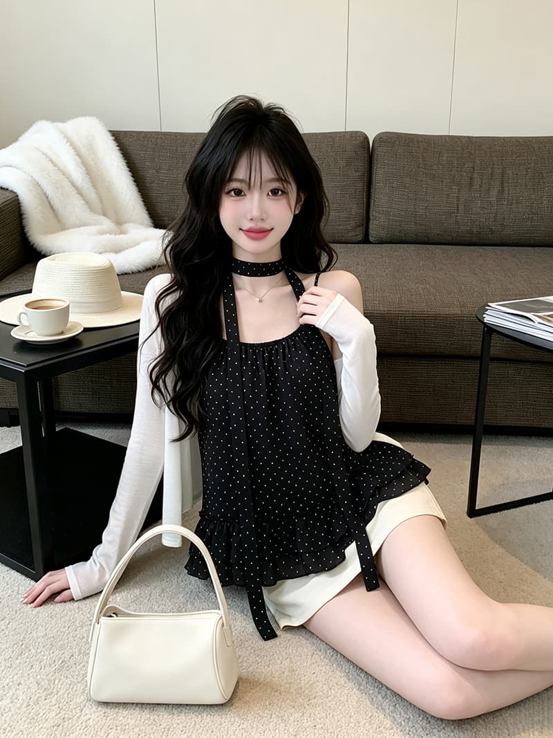있음 보호 디자인 센스 도트 무늬 슬립 얇은 스타일 자외선 차단 오픈 가디건 한 부서 분위기 스택 착용 두 조각 여성 세트 경기 티켓 벨트 상세 이미지 14