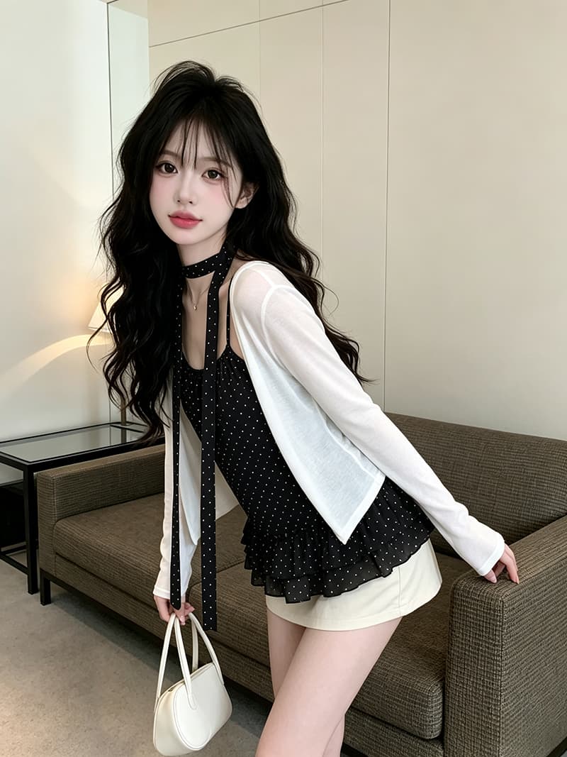 있음 보호 디자인 센스 도트 무늬 슬립 얇은 스타일 자외선 차단 오픈 가디건 한 부서 분위기 스택 착용 두 조각 여성 세트 경기 티켓 벨트 상세 이미지 15